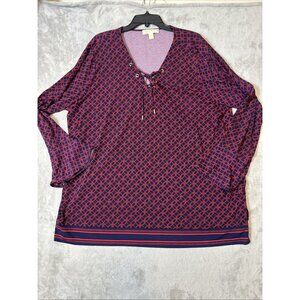 Michael Kors Plus Size 3X Lace Up V-Neck Tunic Blouse Geometric Print